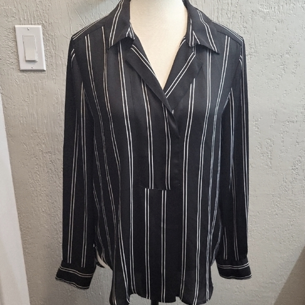 Calvin Klein Chic Black and White Striped V Neck Blouse